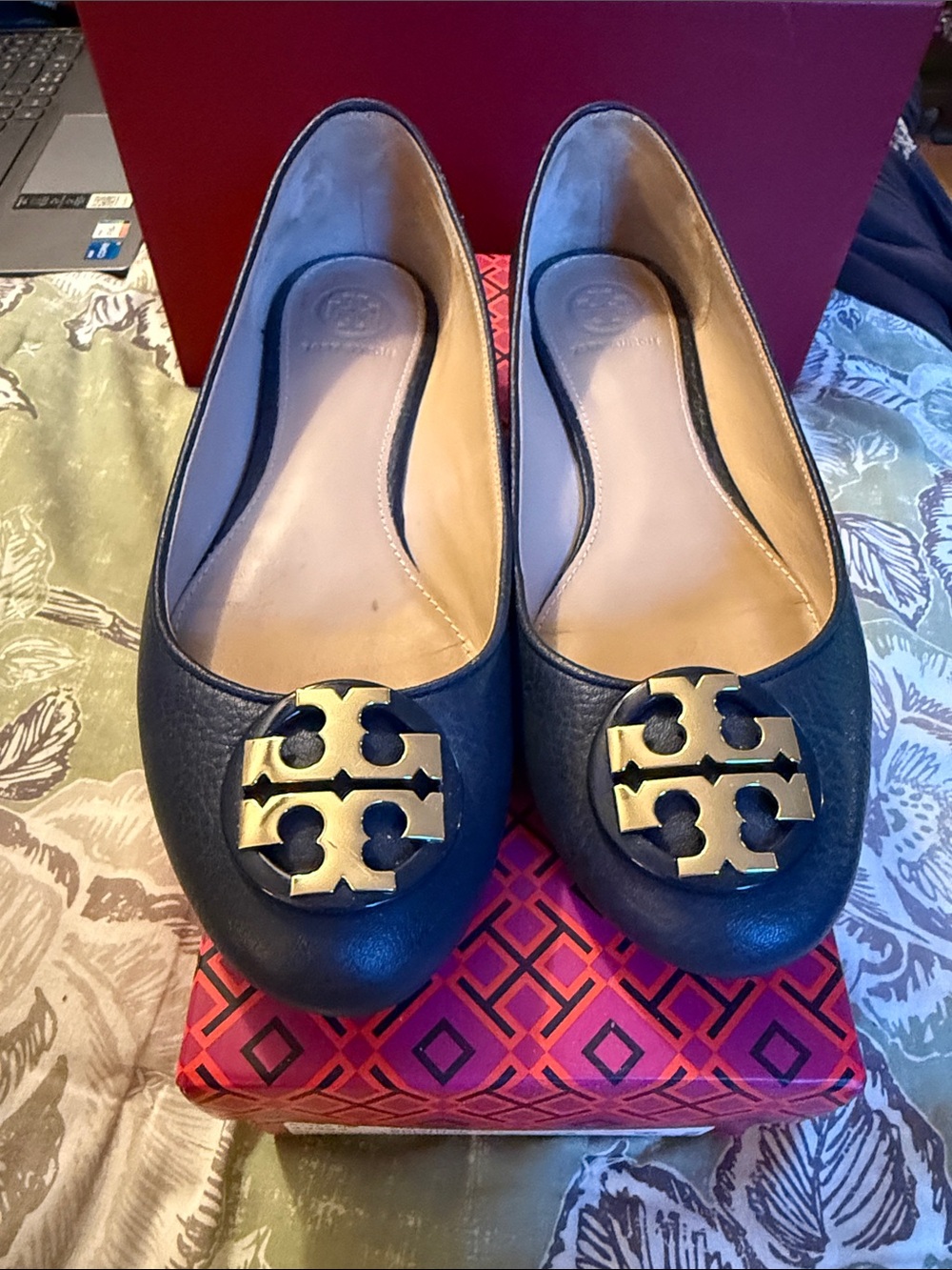 Tory Burch Navy Leather Logo Ballet Flats